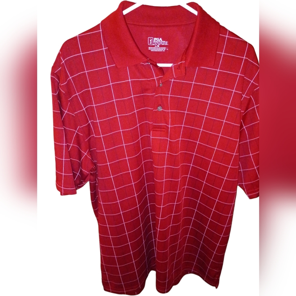 PGA Tour Men's Red Checkered Polo Shirt Size Large Nwot